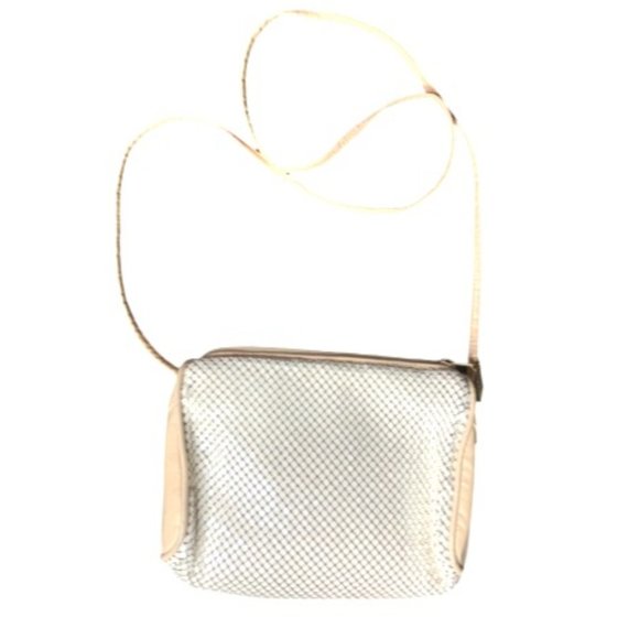 VTG Whiting & Davis Leather Crossbody Purse Bag Ivory Mesh Metal Zip Sma…